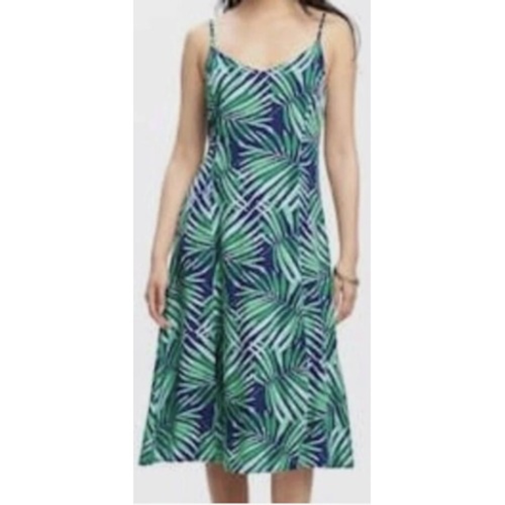 Old Navy Womens Tropical Palm Print Cami Midi Dress Green Navy Blue Small NWT